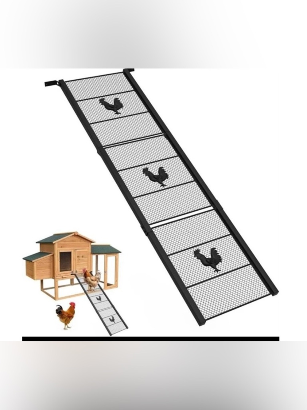 Chicken Coop Ramp with Rooster Cutouts - Black